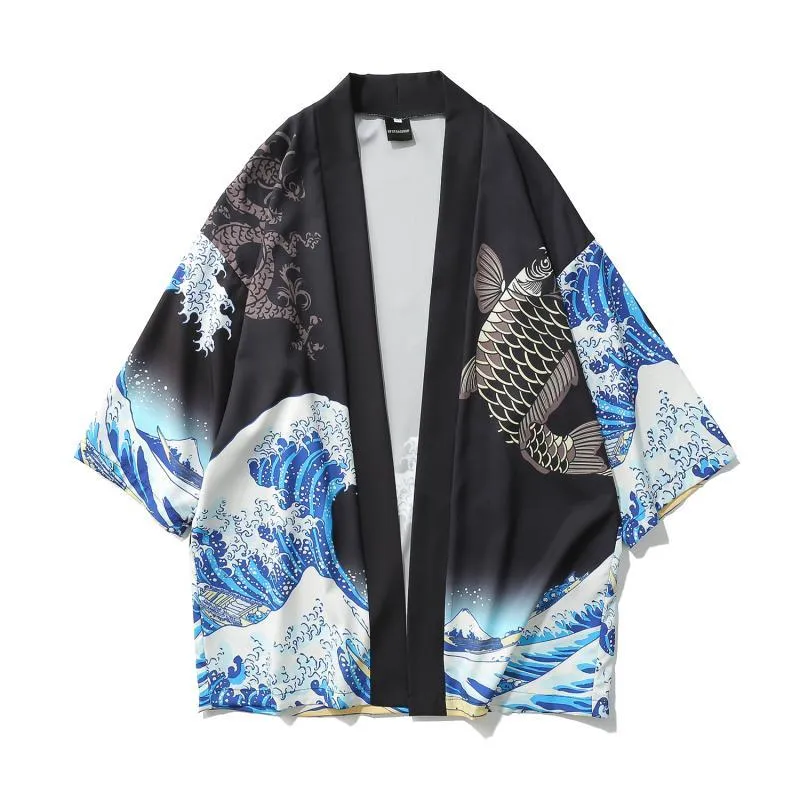 Japansk Kimono Cardigan Herr Wave Carp Print Jackor Lång Tunn Herr Drop Ship Jacka Top Coat