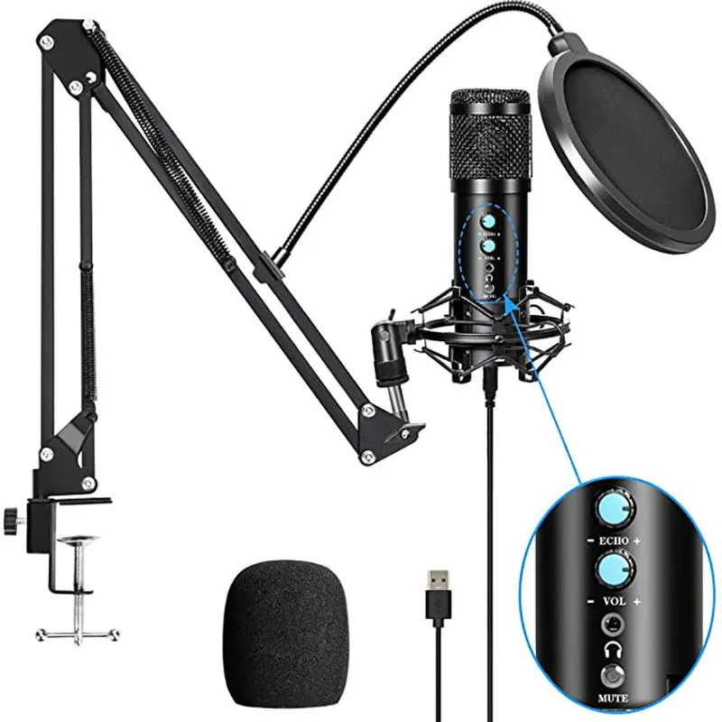 Professionell kondensator USB-mikrofon med stativ för bärbar dator Karaoke Sjunga Streaming Gaming Podcast Studio Inspelningsmikrofon
