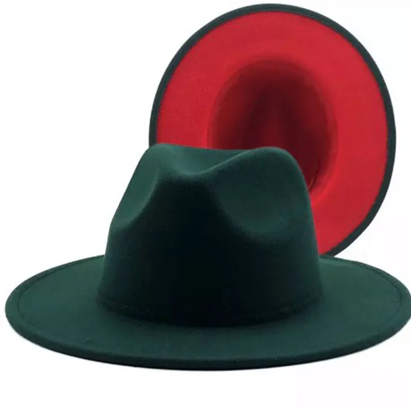 2021 New Outer Turquoise Inner Red Patchwork Wool Felt Jazz Fedora Hats Winter Dark Green Women Elegant Lady Church Panama Cap