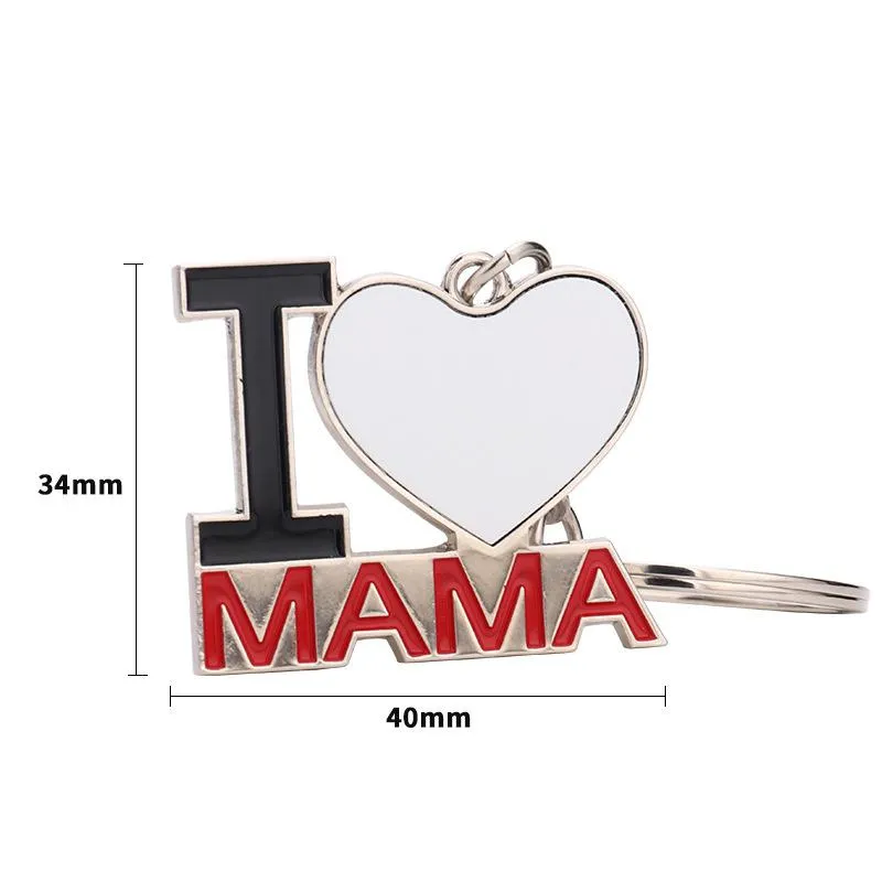 Heat Transfer Keychain Pendant Sublimation Blank I LOVE MAMA DIY Keychain Creative Heart Shaped Key Chain Mother`s Day Gift Keyring