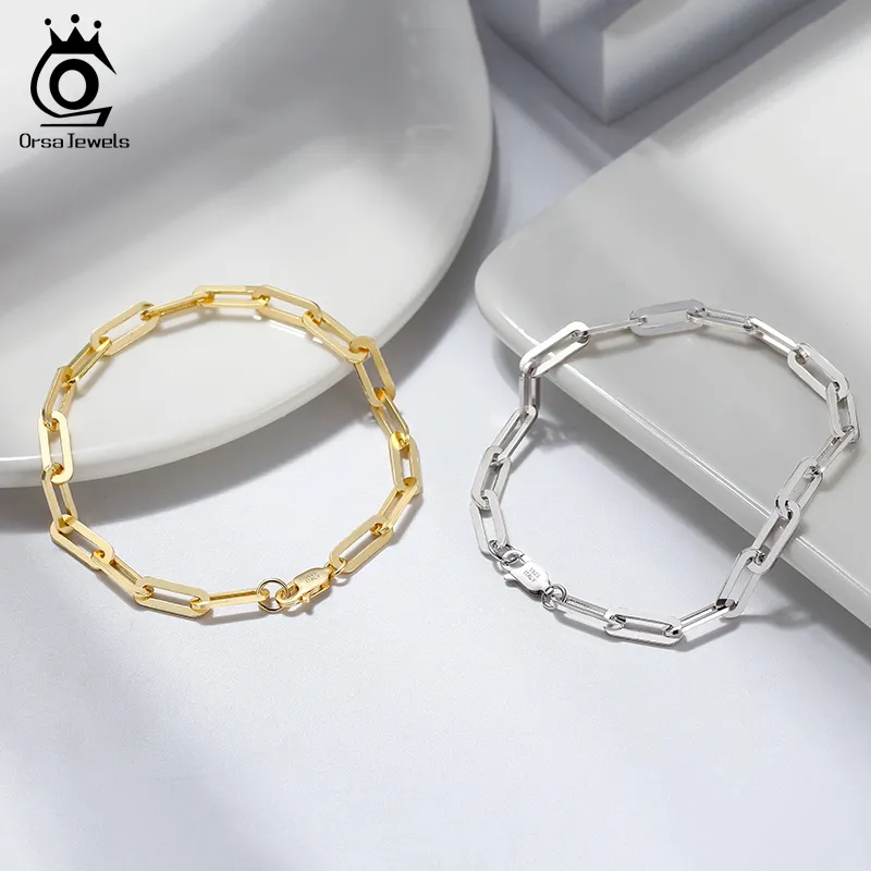 ORSA JEWELS 14K Gold Plated 925 Sterling Silver Paperclip Link Chain Bracelets for Women Men Bracelet Jewelry SB109 220222293H