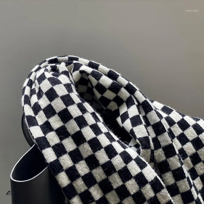 Chapéus, Lenços Luvas Sets Preto e Branco Checkerboard Scarf Cachecol Mulheres 2022 Outono Inverno Coreano Quente