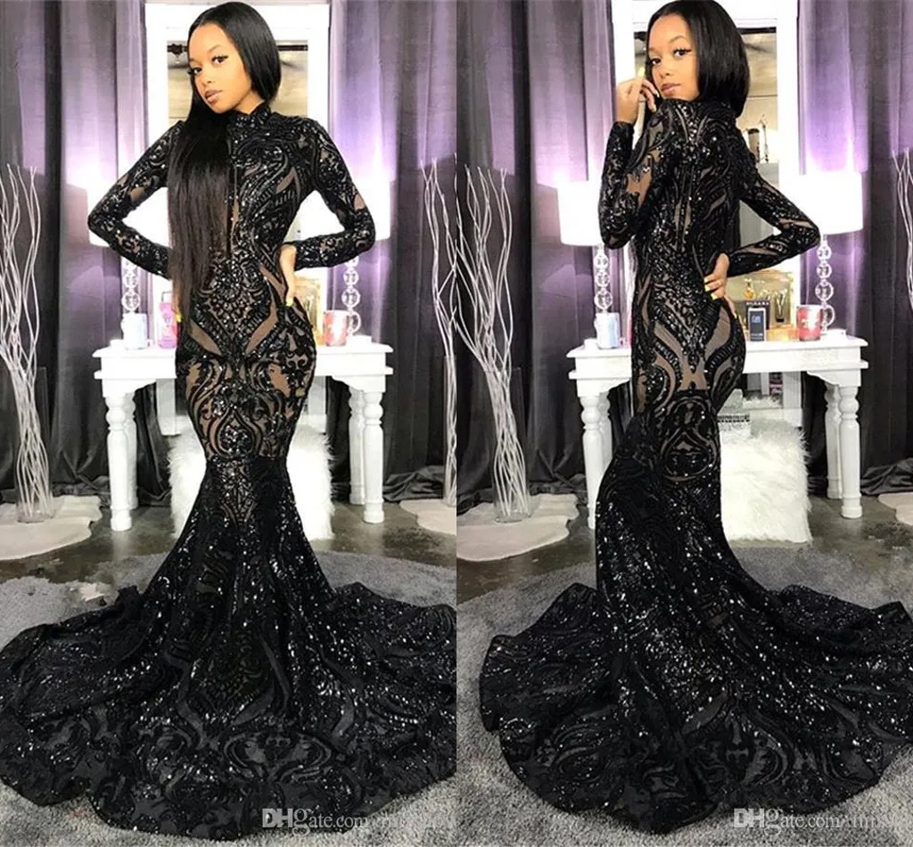 Black Sequins Applique вечерние платья Bearly с длинным рукавом Высокая шея Африканский Aso Ebi Mermaid Fishtail Prom Прием второго рождения платье