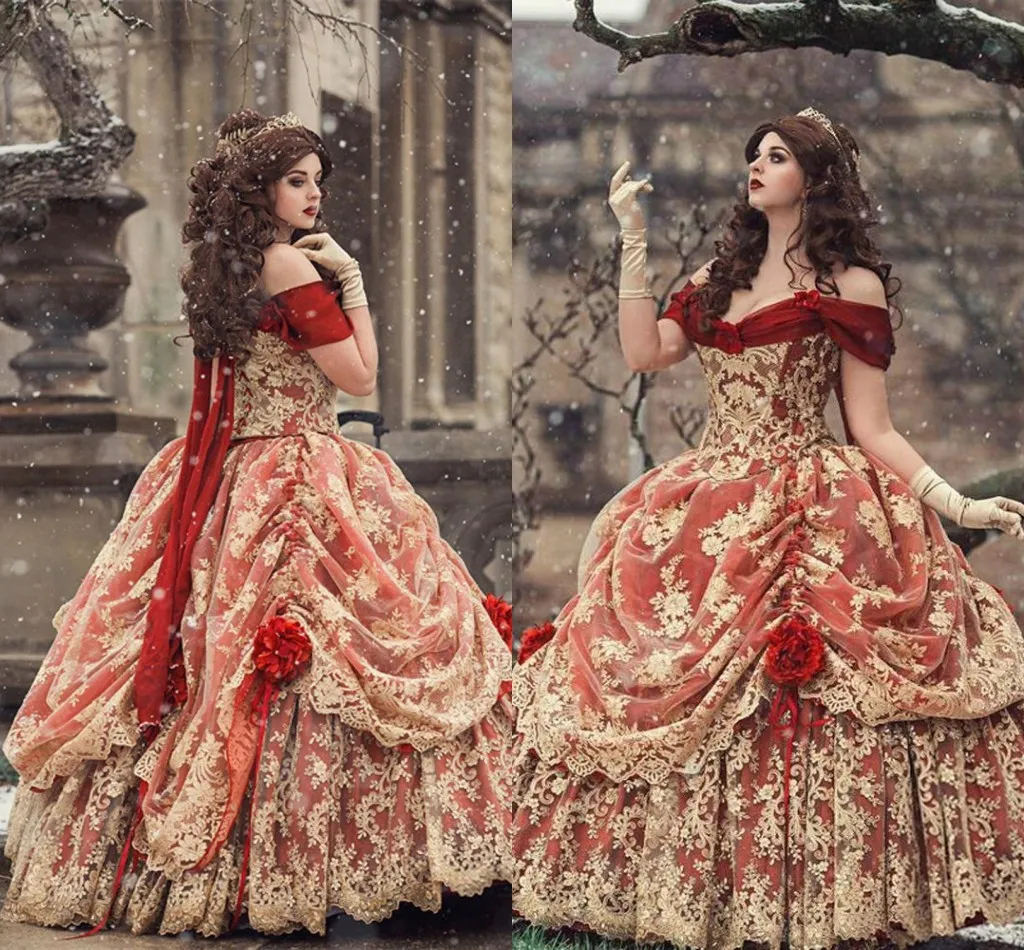 Vintage Red Gold Gothic Prom Dresses 2021 Off Ramię Średniowieczna Suknia Balowa Wiktoriańska Szorstka Gorset Renaissance Suknie Wieczorowe Plus Rozmiar