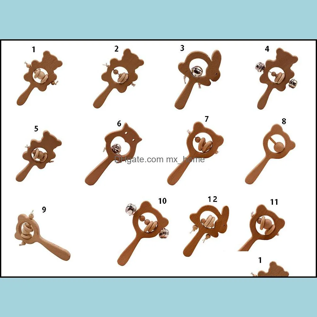 Beech Wooden Rattle Bear Hand Teething Baby Teether Wood Crafts Toy Newborn Molars Infant Health Teething Toys 12 Styles Z1208