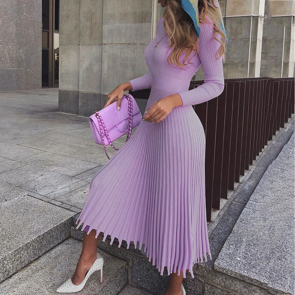 Elegant Party Pleated Sweater Dress Women Winter Autumn Pink Office Ladies Midi Knitted Vestido Sexy Slim Plus Size Dresses 201125