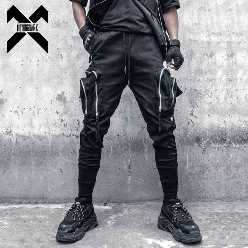 Taktisk funktionell lastbyxor Joggare Män Zipper Multi-Pocket Byxor 2021 Höst Hip Hop Streetwear Pant Black WB231 H1223