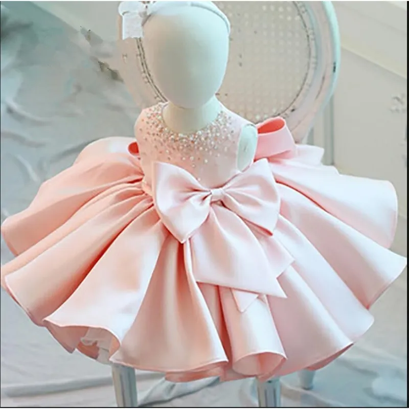 New Fashion Beaded Bow Baby Girl Dress Princess Fluffy Tulle Infant Clothes Baby Girls Baptism Christening 1st Birthday Gown Q1223