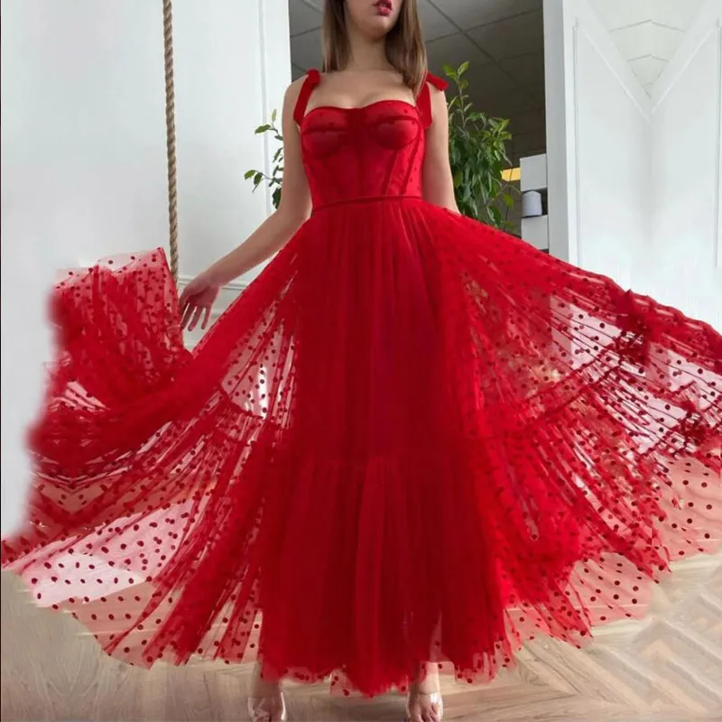 Rode prom jurken 2022 A-lijn dot tule thee lengte feestjurk Kerstmis gewaden de cocktail jurk voor tieners