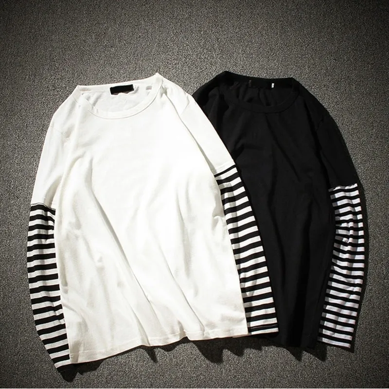 Men's Striped Patchwork Long Sleeve T-Shirt - Casual Streetwear