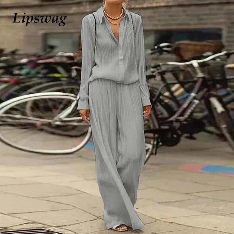 Women's Two Piece Pants Summer Loose Women Set 2022 Spring Elegant Office Lady Shirt Suits Casual Long Sleeve Button Tops + Outfit