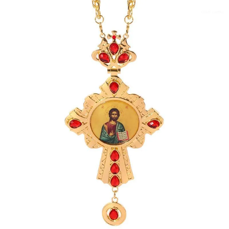 Collares colgantes Collar de cruz Zircones Cristals Christian Church Golden Sacerdote Crucifijo Ortodoxo Bautismo Regalo Iconos religiosos Pendant1
