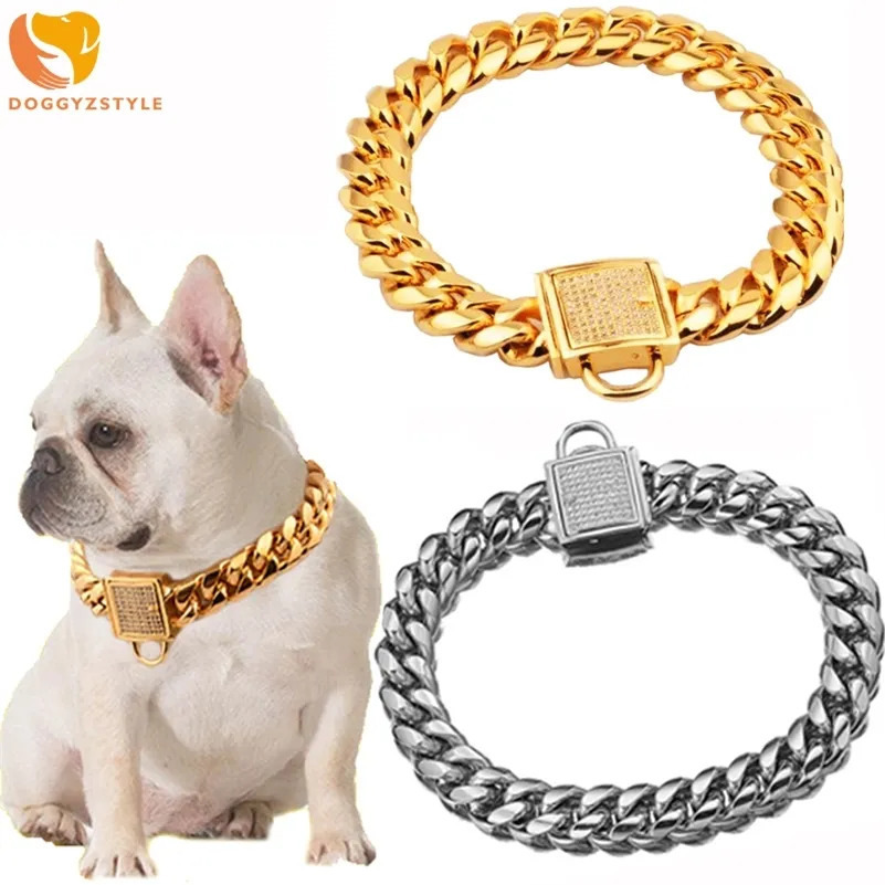 Metall husdjur kedja hund krage rostfritt stål hund katt sliptraining walking collar husdjur leasher valp halsband silver guld leveranser lj201109