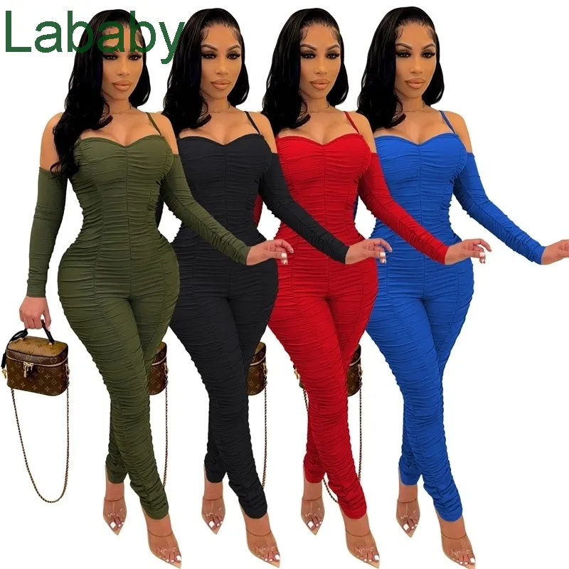 Women Jumpsuits 2022 Designer Sim Sexy Sling Tube Top Backless Zipper Long Sleeve Trousers Folds Romper 4 Colours