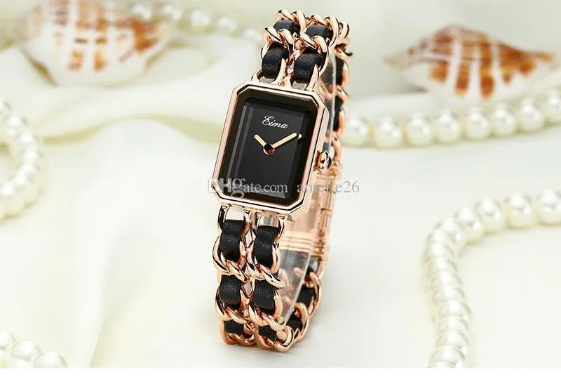 New Arrival Gold Watch Women Dress Watch Luxury Stainless Steel Chain With Leather Fashion Lady Bracelet Quartz Wristwatch For Lady Gift