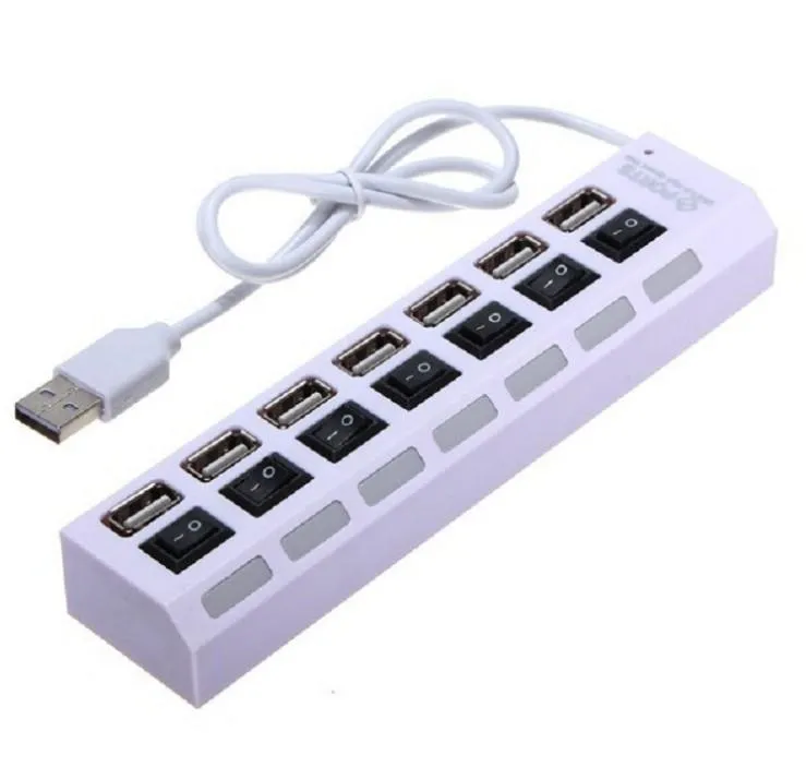 High Speed ​​Black White 7 Ports LED USB 2.0 Adapter HUB POWER ON / OFF SWITCH USB-kabel Dator Tillbehör till PC