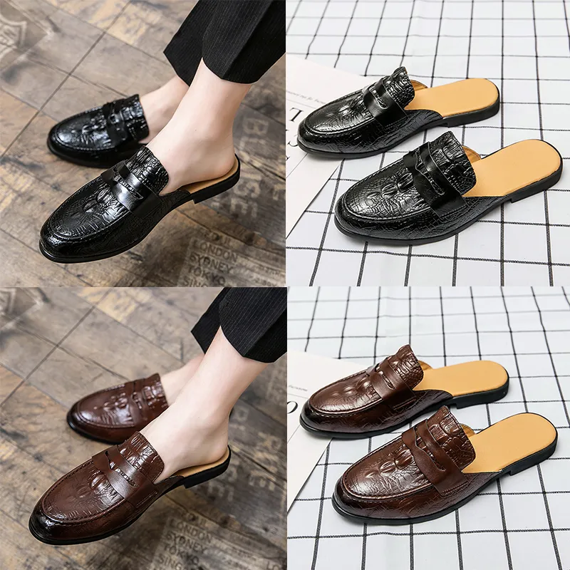 TOP QULITY Luxury Brand Mens designer Crocodile pattern slippers Genuine Leather mules Room Outdoor Slides Sandals Classic Black Brown Large size 38-45