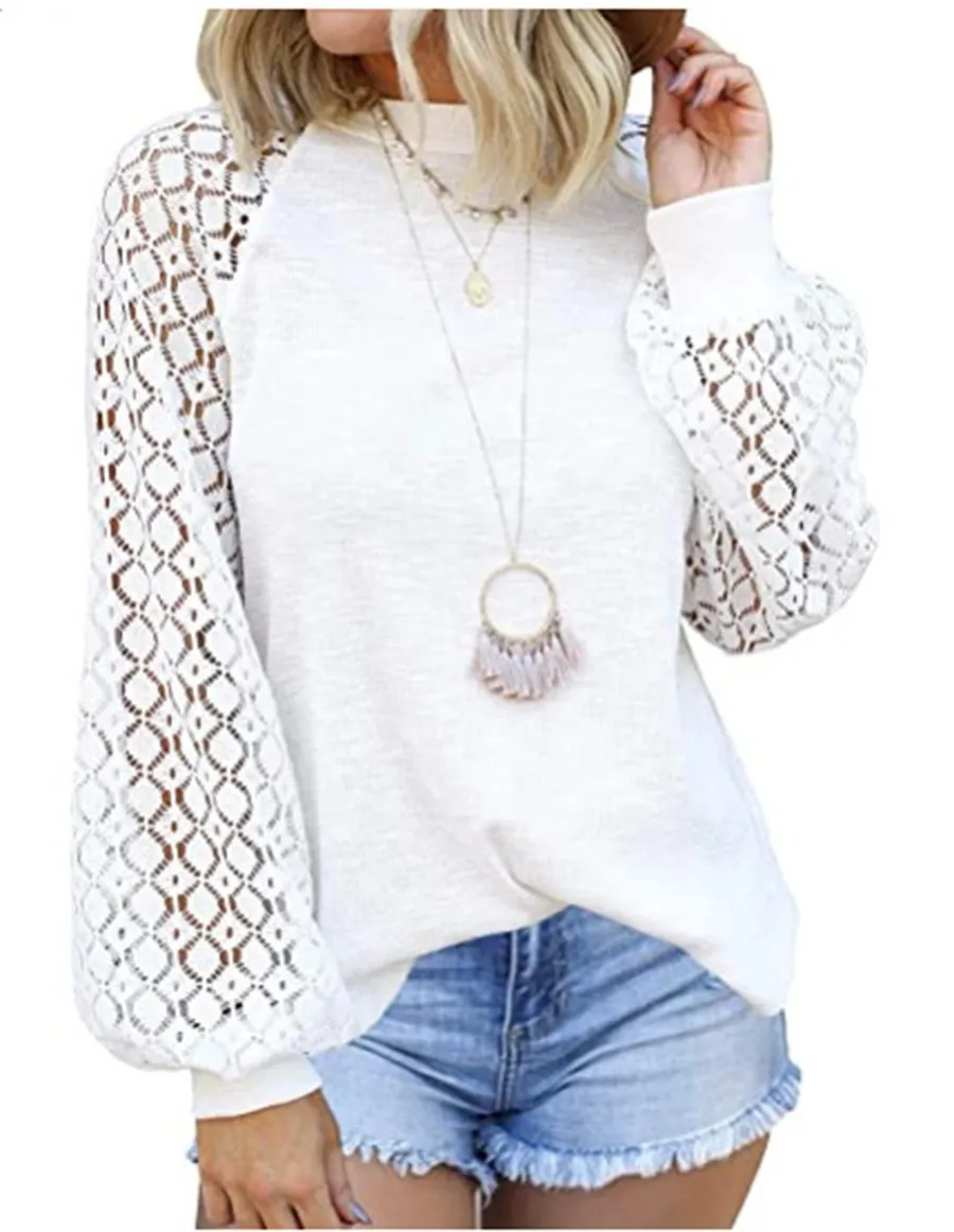 Autumn Women Clothing Long-sleeved T-shirt Tops Lace Patchwork Hollow-out Design Solid Color Casual O-neck Puff Sleeve Pullovers Tees