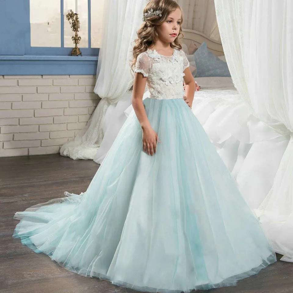 Дешевое платье для девочки ледяной голубые цветок платье 2019 женщин ребенка свадебные вечеринки платья совок тюль шнурок на молнии шариковины первые вечерние платья