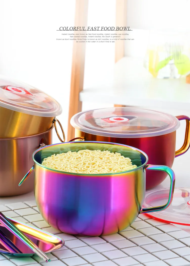 Stainless Steel Mixing Bowl(Set of 3) With Lid Golden Instant Noodle Bowls  Soup Food Container