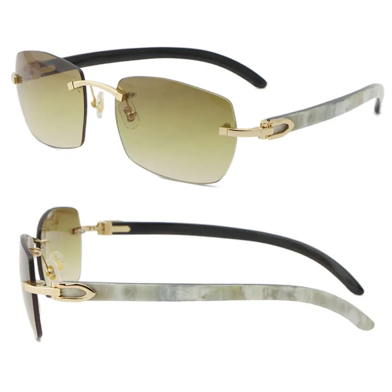 Mann-Frau-Rahmen, randlose Sonnenbrille, T8100905, weiße Innenseite, schwarze Büffel-Sonnenbrille aus echtem Horn, hochwertige Brillenfassung, Modeaccessoires, Größe: 57–18–140 mm