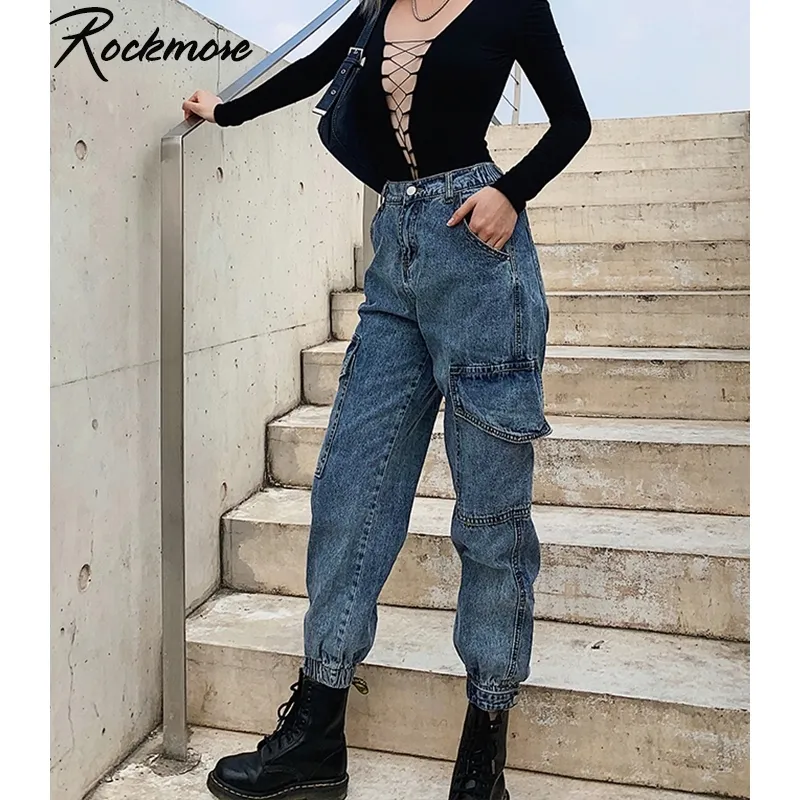 Rockmore Vintage Blue Jeans de talle alto Mujer Jean Pantalones de pierna ancha Harajuku Street Wear Denim Jeans Lápiz Pantalones Lady Pockets 201030