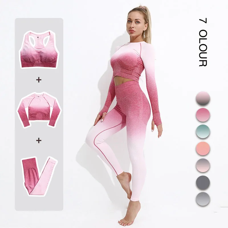 New Women Yoga Outfits Seamless Leggings Long Sleeve Crop Top Sports Bra Running Clothing Gym Suits Fitness Wear Workout Sports Suit Ombre Color