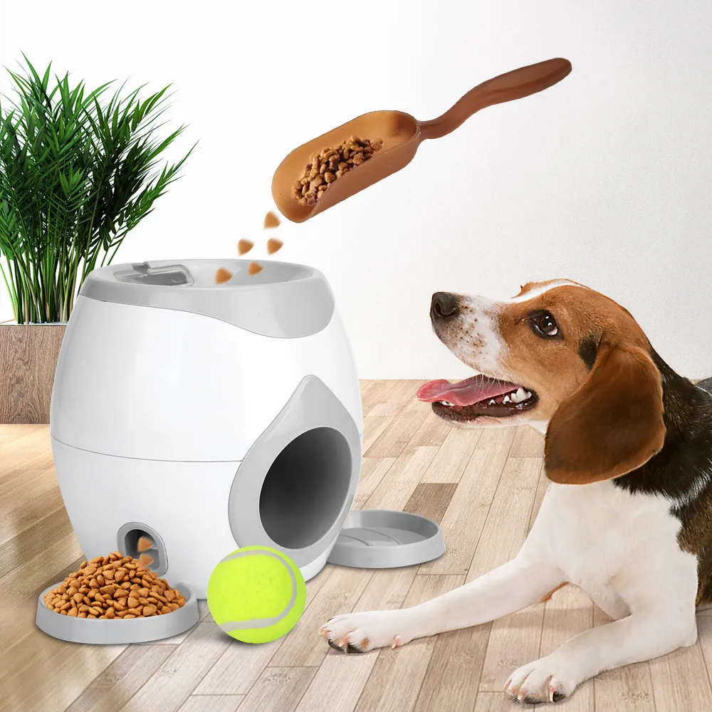 Automatisk husdjursmatare Interactive Hämta Tennis Ball Launcher Dog Training Toys Throwing Ball Machine Pet Food Emission Device LJ201239Z