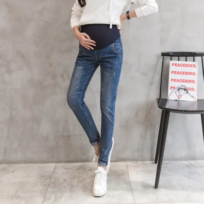 6603# Washed Denim Skinny Maternity Jeans Autumn Fashion Belly Pencil Trousers Clothes for Pregnant Women Pregnancy Pants LJ201114
