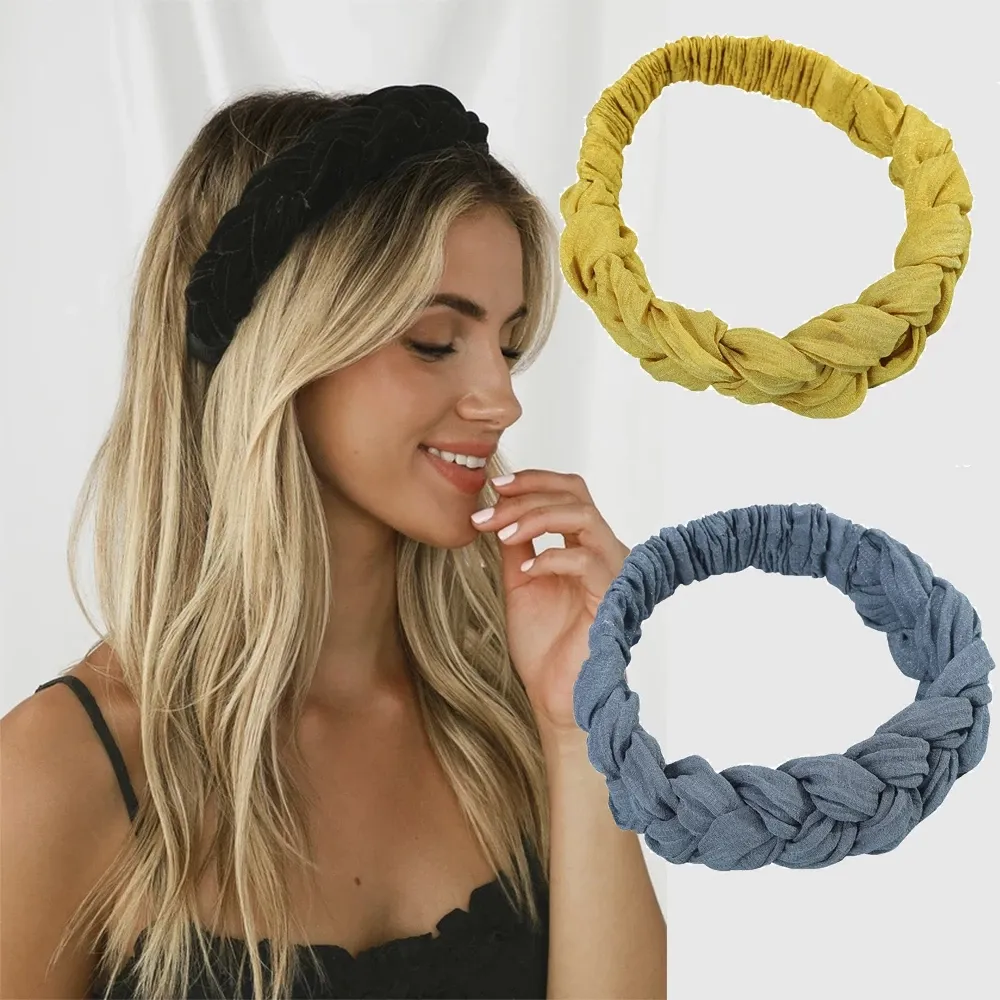 Cor pura torção de cabelo faixas de moda tranças acessórios de cabelo mulheres bohemian plait elastic algodão headband estiramento bandana