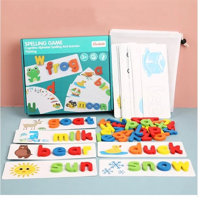 Montessori Spell Word Game Träleksaker Early Learning Jigsaw Letter Alphabet Puzzle Preschool Pedagogiska Babyleksaker för barn 201218