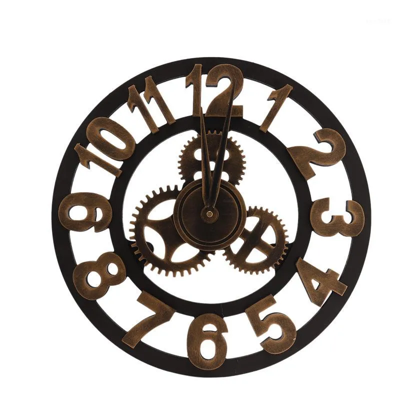 Wall Clocks 40cm Wooden Clock Retro Gear Roman Numeral Decoration Living Room1