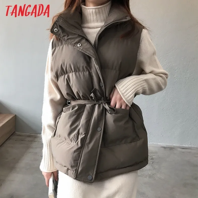 Tangada Mulheres Café Oversize Mangas Sem Mangas Parkas grossas com Slash Inverno Feminino Casaco Quente Overcoat ASF90 201201