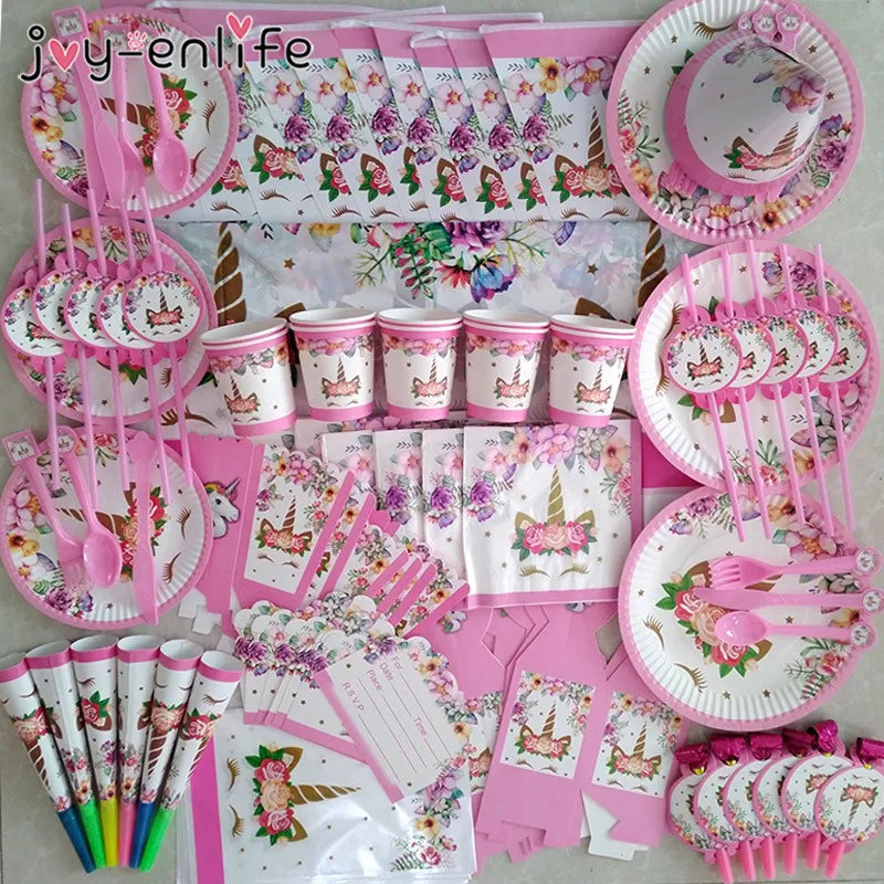 81pcs / set Unicorn Party Supplies Pink Rainbow Unicorn Banner Platen Cups Servetten Rietjes Baby Shower Kids Verjaardag Decoraties 201023
