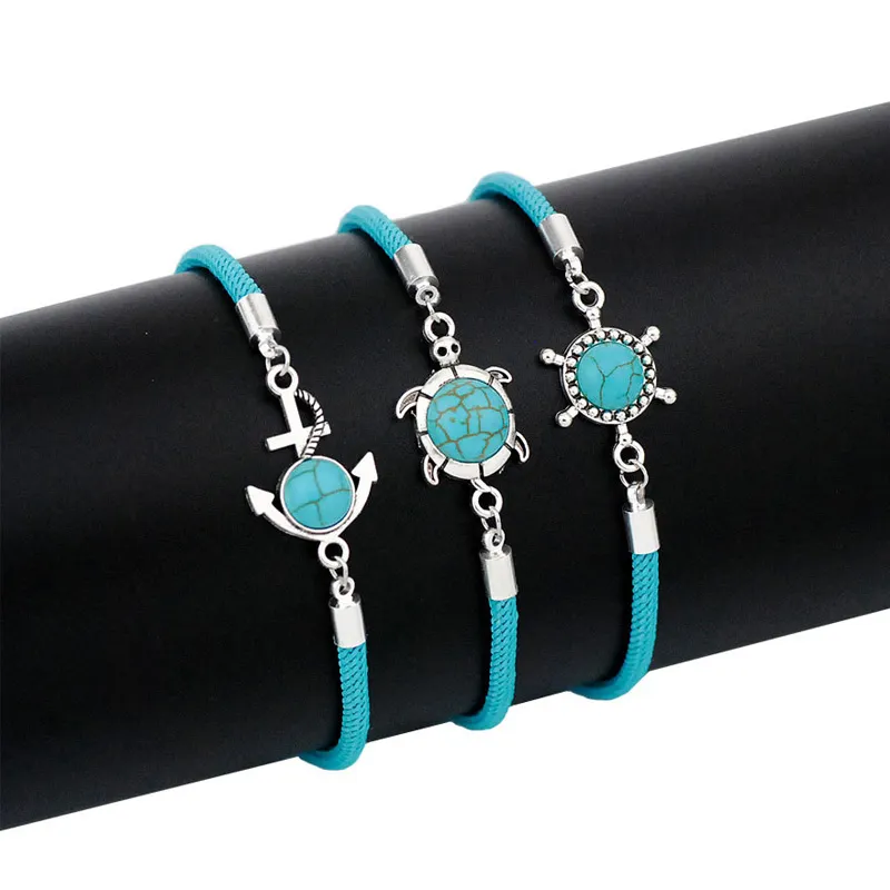 Natural Turquoise Anchor Rudder Sea Turtle Charm Bracelets Handmade Weave Blue Cord Bracelet for Men and Women
