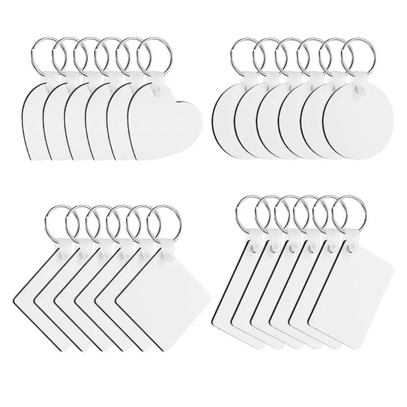 Porte-clés 24 pièces/ensemble Sublimation blanc transfert thermique porte-clés Double face imprimé MDF porte-clés étiquettes avec anneaux fendus pour
