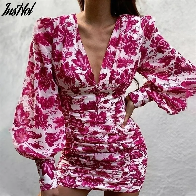 Women Sexy Deep V Neck Floral Print Long Lantern Sleeve Ruched Dress Summer Elegant Female Bodycon Party Dress Vestido 220310