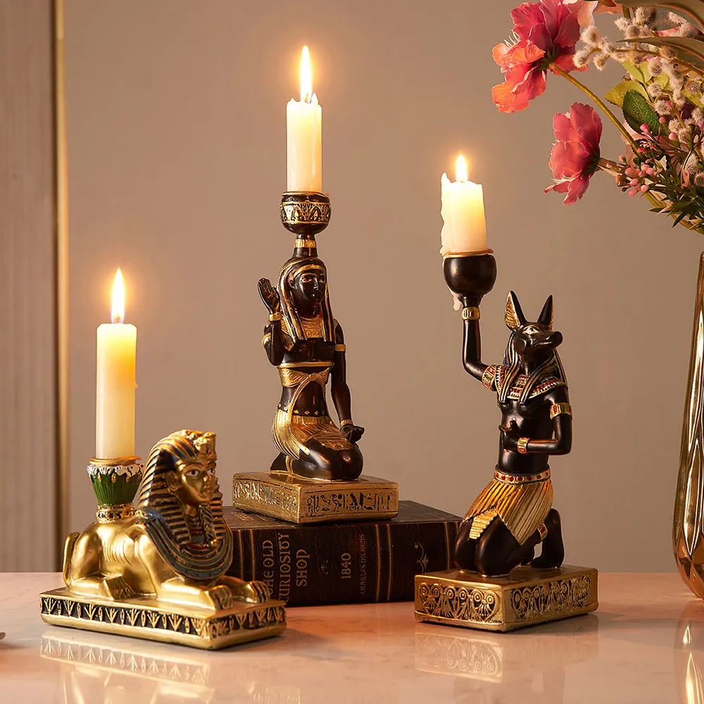 Antigos Egípcios Candle Candle Candlestick Castiçal Estatueta Artesanato Casa Decoração Dog de God Anubis Sphinx Goddess presentes LJ201018