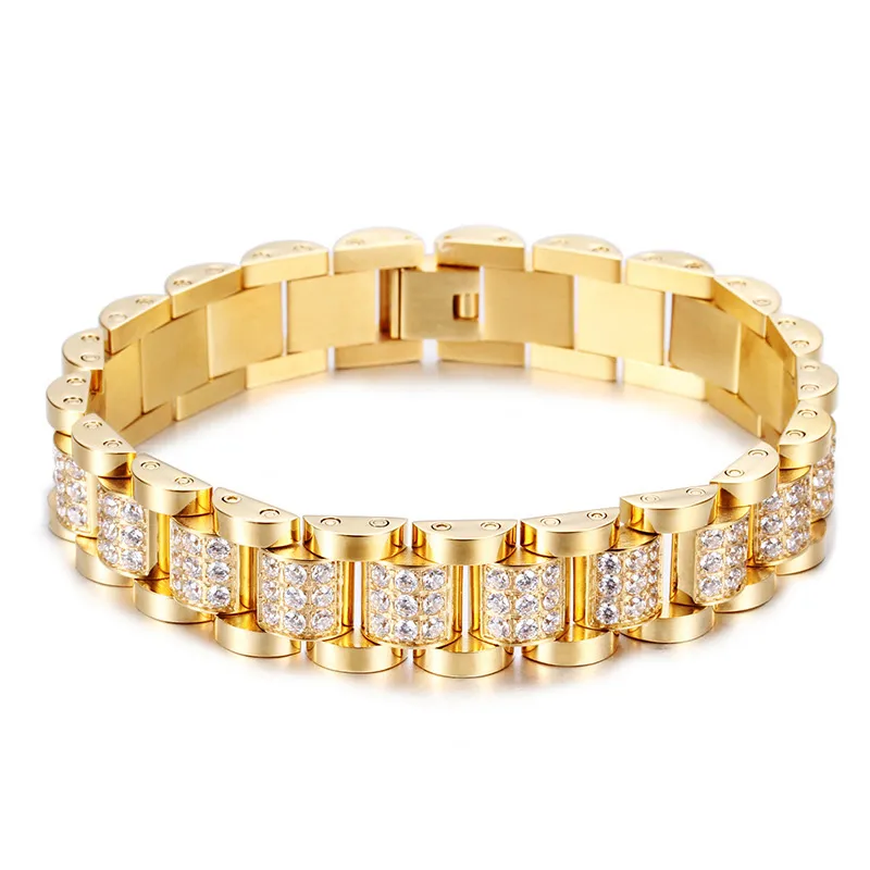 Micro pavé di zirconi cubici Bling Iced Out Cinturino per orologio in acciaio inossidabile dorato Bracciale con catena a maglie da uomo Gioielli rapper hip-hop