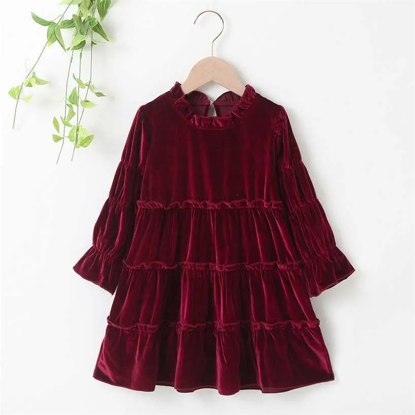 Autumn Winter Girls Dress Long Sleeve Velvet Turtleneck Wine Red Black Pleated Solid Cute Sweet Baby Vestidos 2-6T 220106