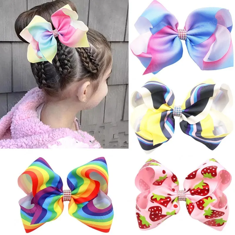 8 inches Baby Girls Bow Hairpin rainbow Strawberry print Headwear Hair Accessories fashion Kids Hair Bow Boutique bow-knot Barrettes