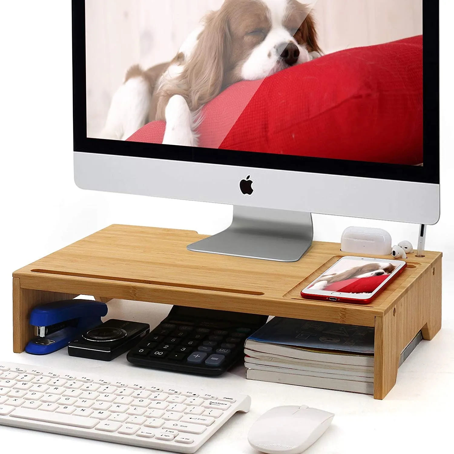 Bambusowy monitor Stojak Riser Desk Organizer, Pezin Hulin Home and Office Drewno Desktop Stand Stand Stand Stand do komputera, laptopa, PC, Drukarka, Notebook