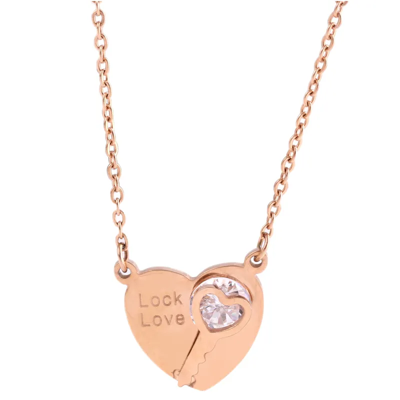 moda 18k rosa chapado en oro acero inoxidable amor corazón key cristal colgante collar de mujer collar accesorio joyería