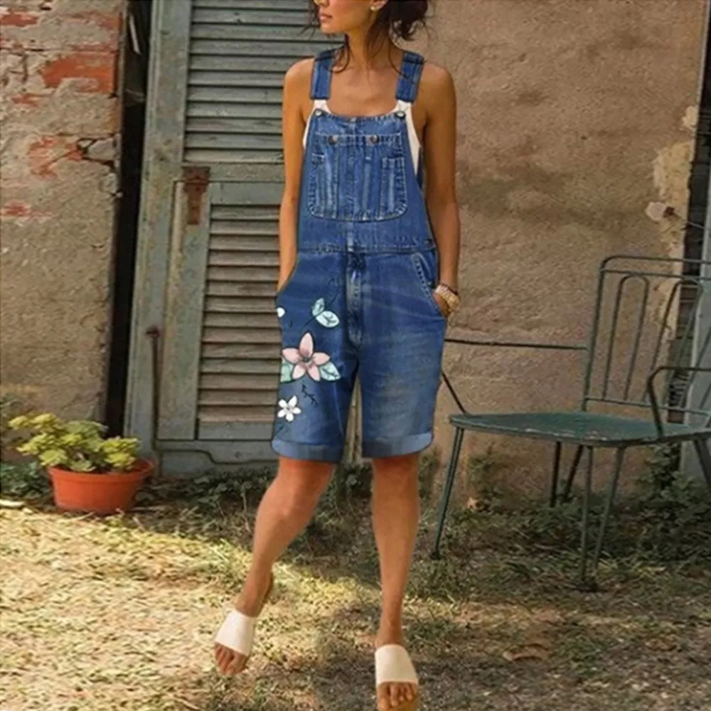 Denim Court Combinaisons Femmes Mode Street Style Floral Imprimé Bib Pantalon Jeans Combinaisons Shorts Sangle Salopette Barboteuses Nouveau D30 T200704