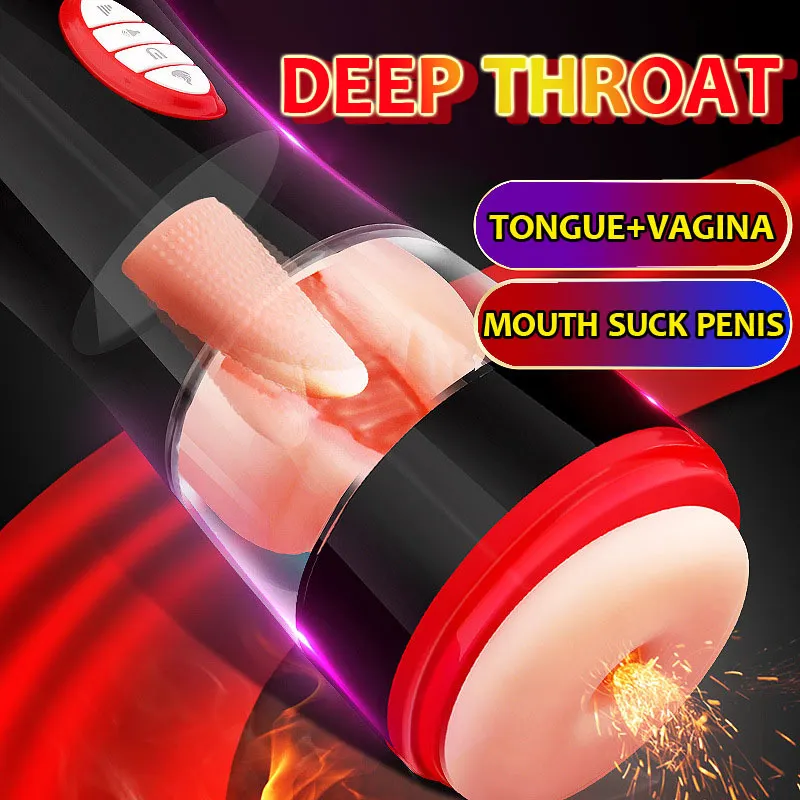 Automatic Double Tongue/vagina Telescopic Voice vibration Aircraft Cup Deep throat sucking Penis Massage male Masturbator cup 201212