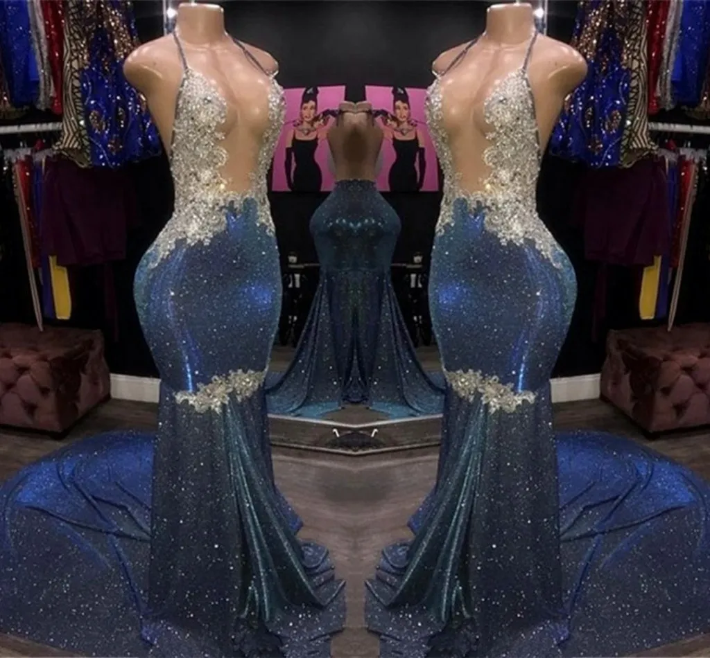 Sparkly Blue White Sequined Mermaid Prom Klänningar Sexig Halter Punging Neck Appliques Top Open Back Long Evenin Party Gowns BC4074