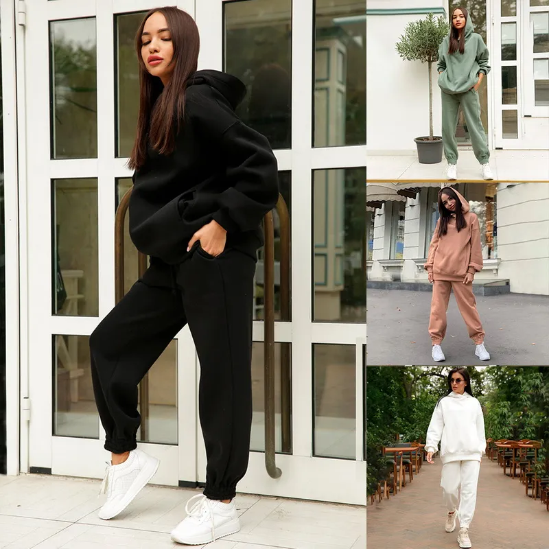 Kobiety 2 sztuk Zestaw Casual Track Track Zimowe Kobiece Zestawy Oversized Kapturem Z Długim Rękawem Kapturem Spodnie Sportowe Lady Suit