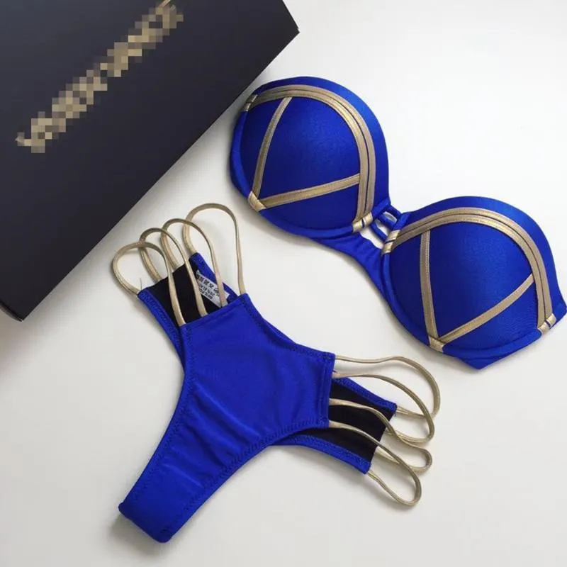 Guldstämpling bikini set sexiga vadderade kvinnor baddräkt push up bandeau badkläder sommar beachwear brazil baddräkt11