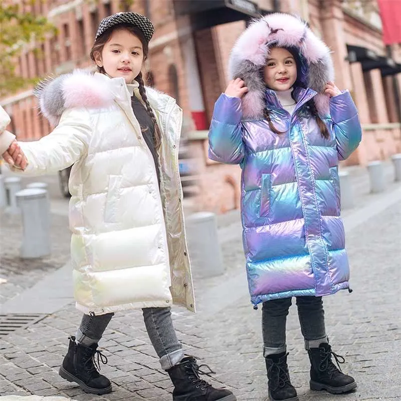 Inverno infantil de jaqueta de jaqueta garotas brilhantes pato branco para baixo casaco crianças inverno espesso quente outerwear menina com capuz neve jaqueta tz818 220104