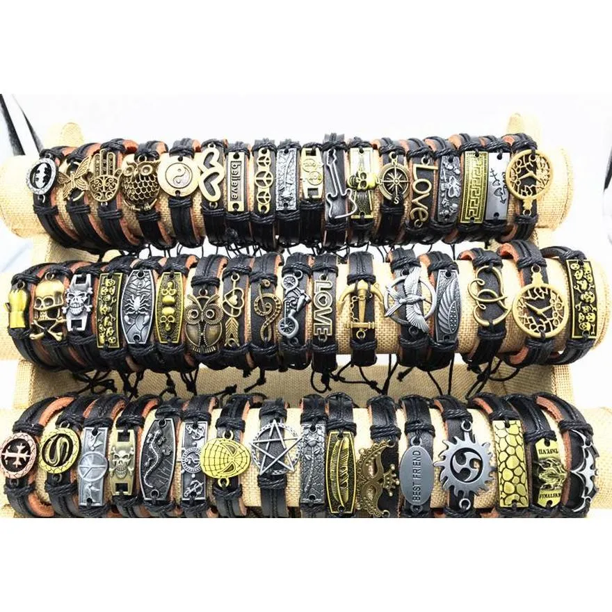 200pcs/lot mix style metal leather cuff charm bracelets for men`s women`s jewelry party gifts bangle shipping